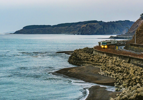 ひなた町の海辺を走る電車
