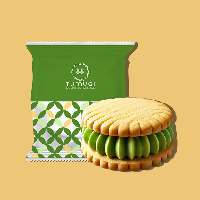 抹茶のバターサンドと緑のパッケージ