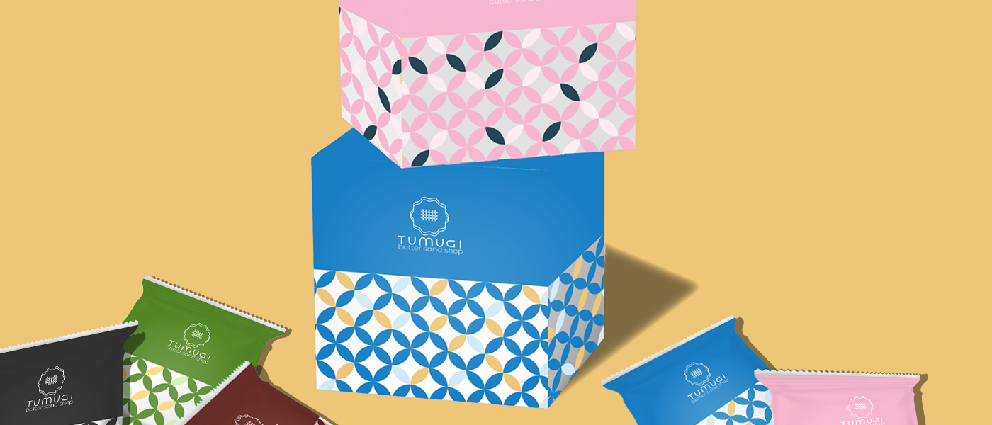 つむぎのギフトボックスと各味のパッケージ