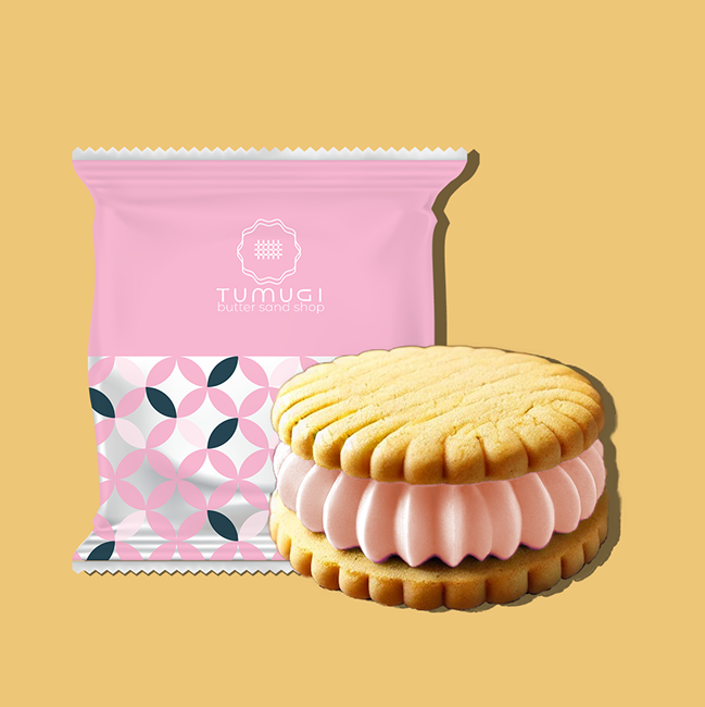 桜ののバターサンドとピンクのパッケージ