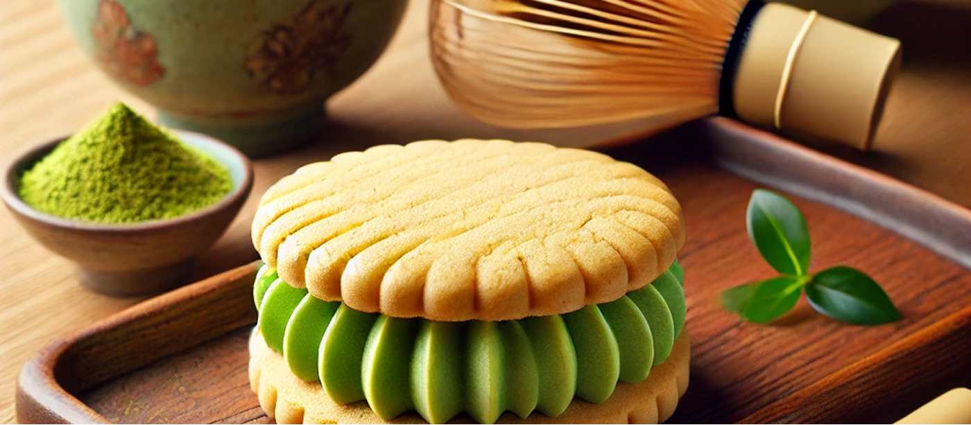 抹茶の粉と茶筅、そして抹茶味のバターサンド