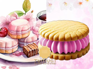 桜味のバターサンドと桜とアフタヌーンティーのイラスト